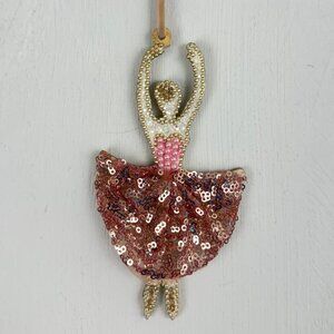 Christmas Ornament Ballerina Beaded Sequins Metallic White Pink Fancy